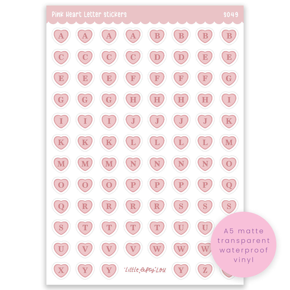 A5 Pink Heart Letter Sticker Sheet (S049)