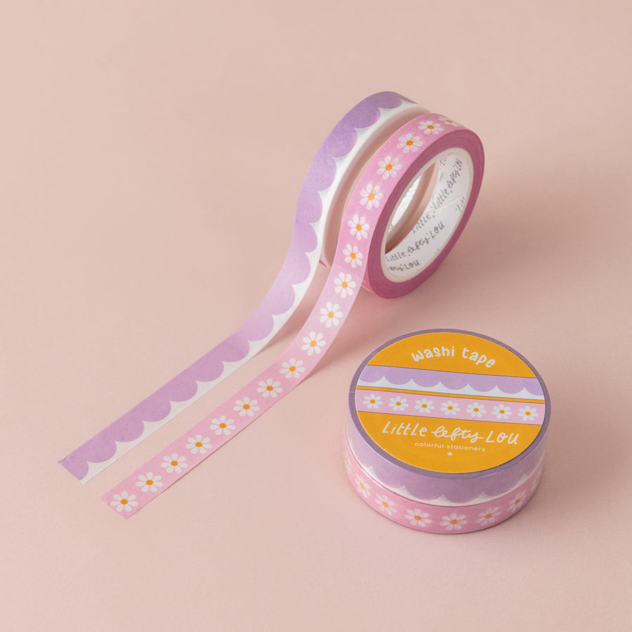 Lilac Scallops and Pink Daisies - 2 Slim Washi Tapes
