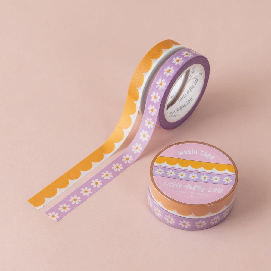 Ochre Scallops and Lilac Daisies - 2 Slim Washi Tapes