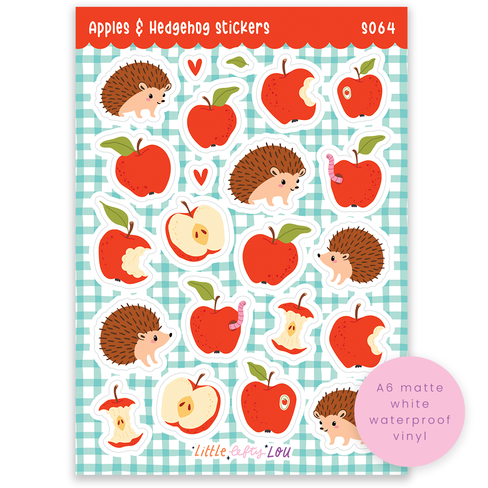 Pre-Order: A6 Apples & Hedgehogs Sticker Sheet (S064)