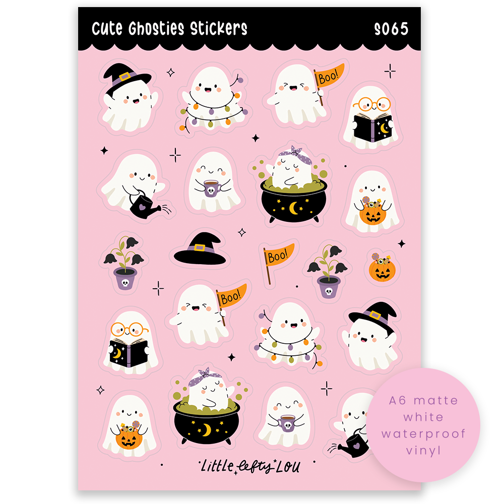 Pre-Order: A6 Pink Cute Ghosties Sticker Sheet (S065)