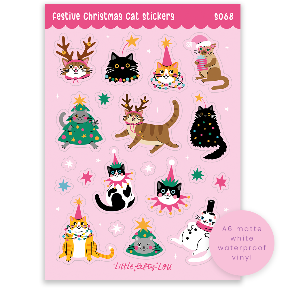 A6 Festive Christmas Cats Sticker Sheet (S068)