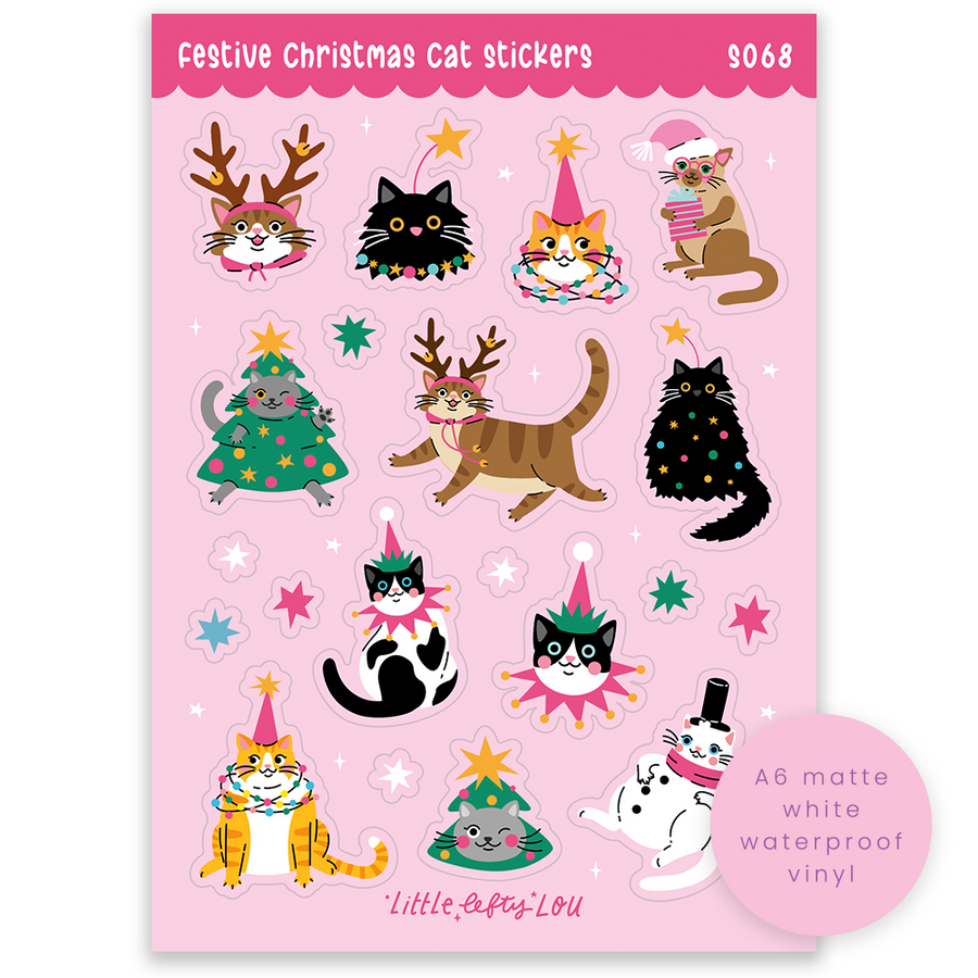 A6 Festive Christmas Cats Sticker Sheet (S068)