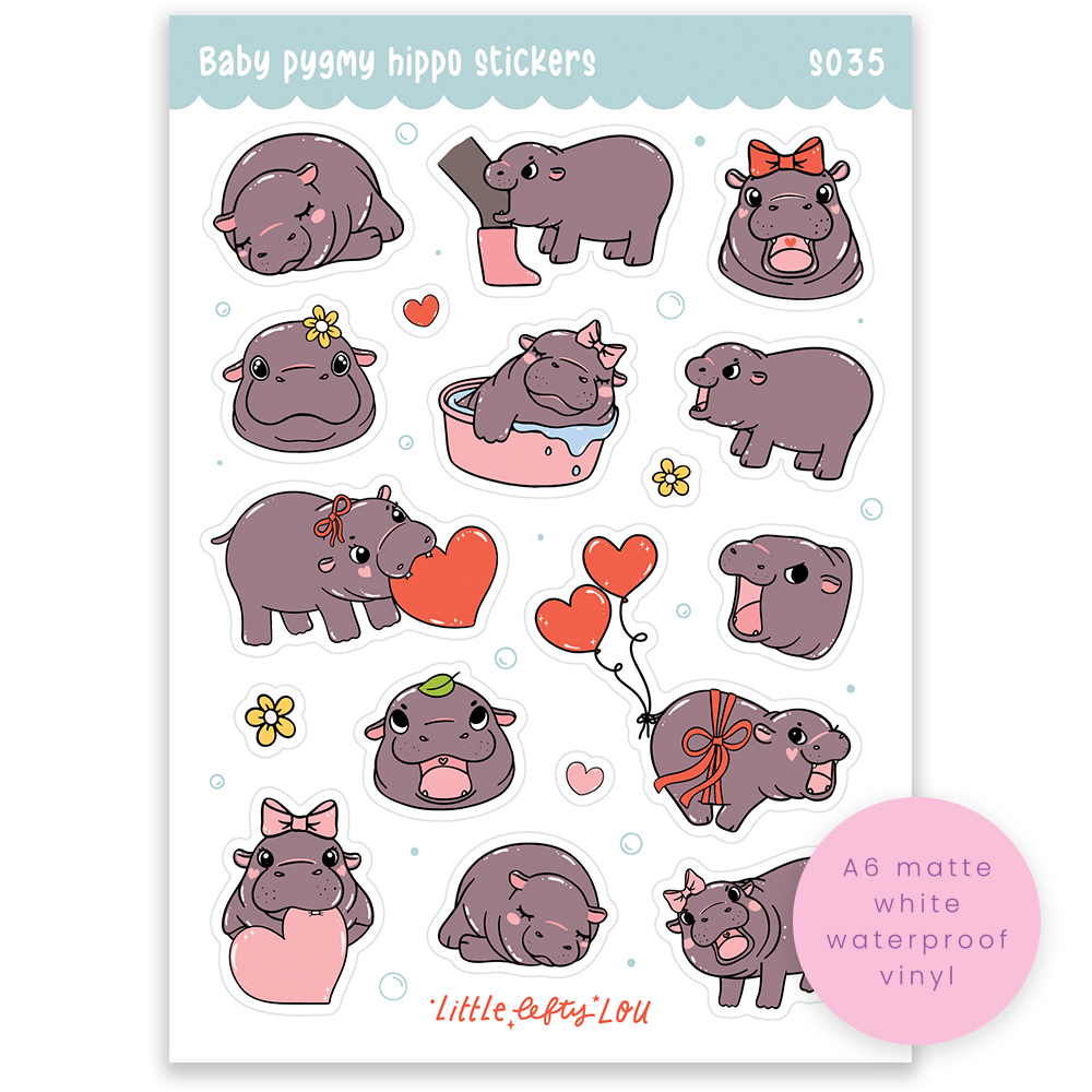 A6 Baby Pygmy Hippo Sticker Sheet (S035)