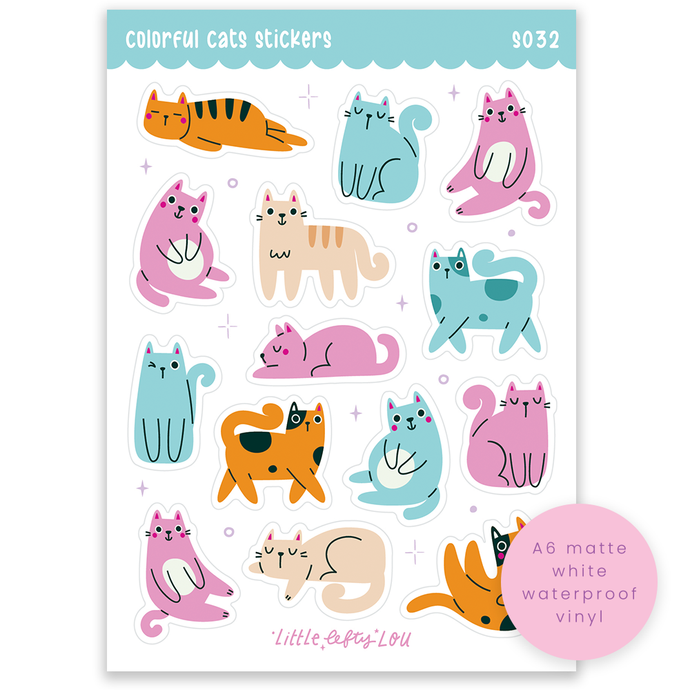 A6 Colorful Cats Sticker Sheet (S032)