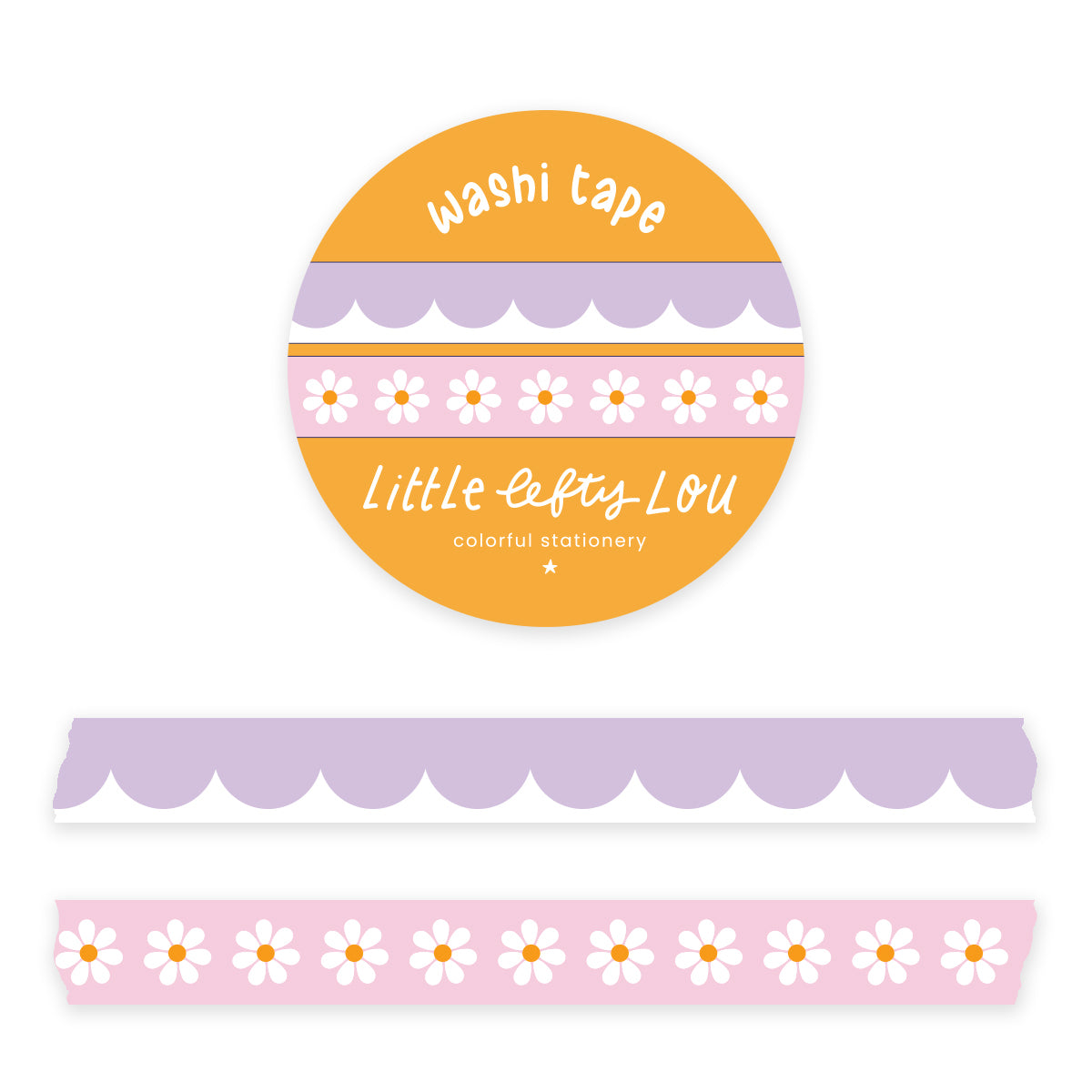 Lilac Scallops and Pink Daisies - 2 Slim Washi Tapes - Little Lefty Lou