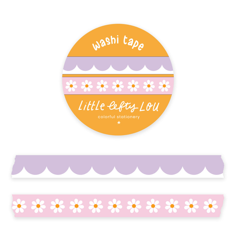 Lilac Scallops and Pink Daisies - 2 Slim Washi Tapes - Little Lefty Lou